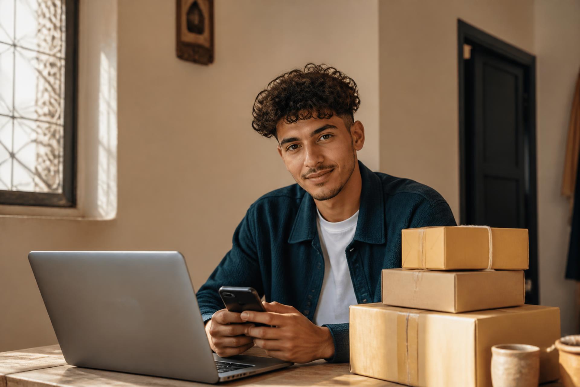 Jeune entrepreneur marocain gérant son activité en ligne depuis son téléphone